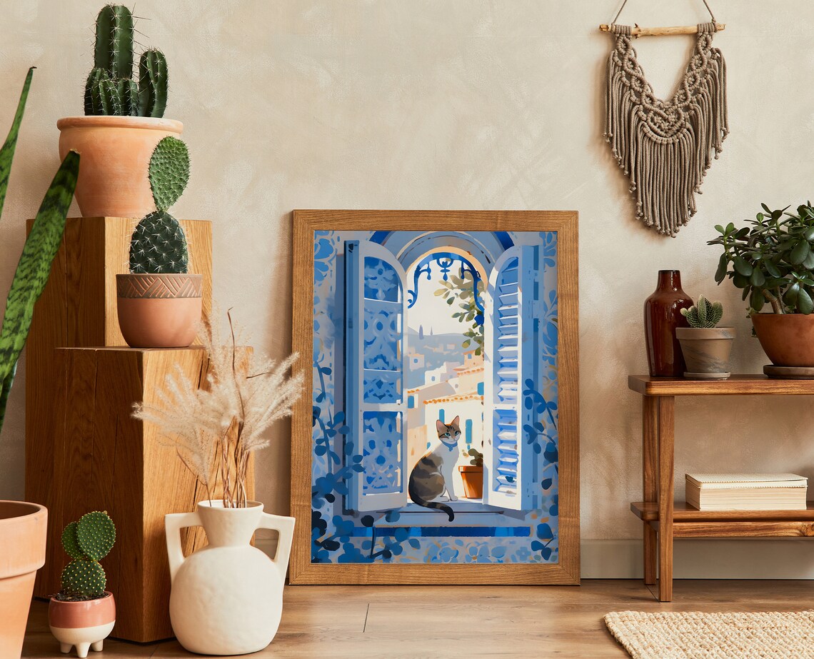Cute Cat Print, Chefchaouen Morocco Travel Art Print - Image 2