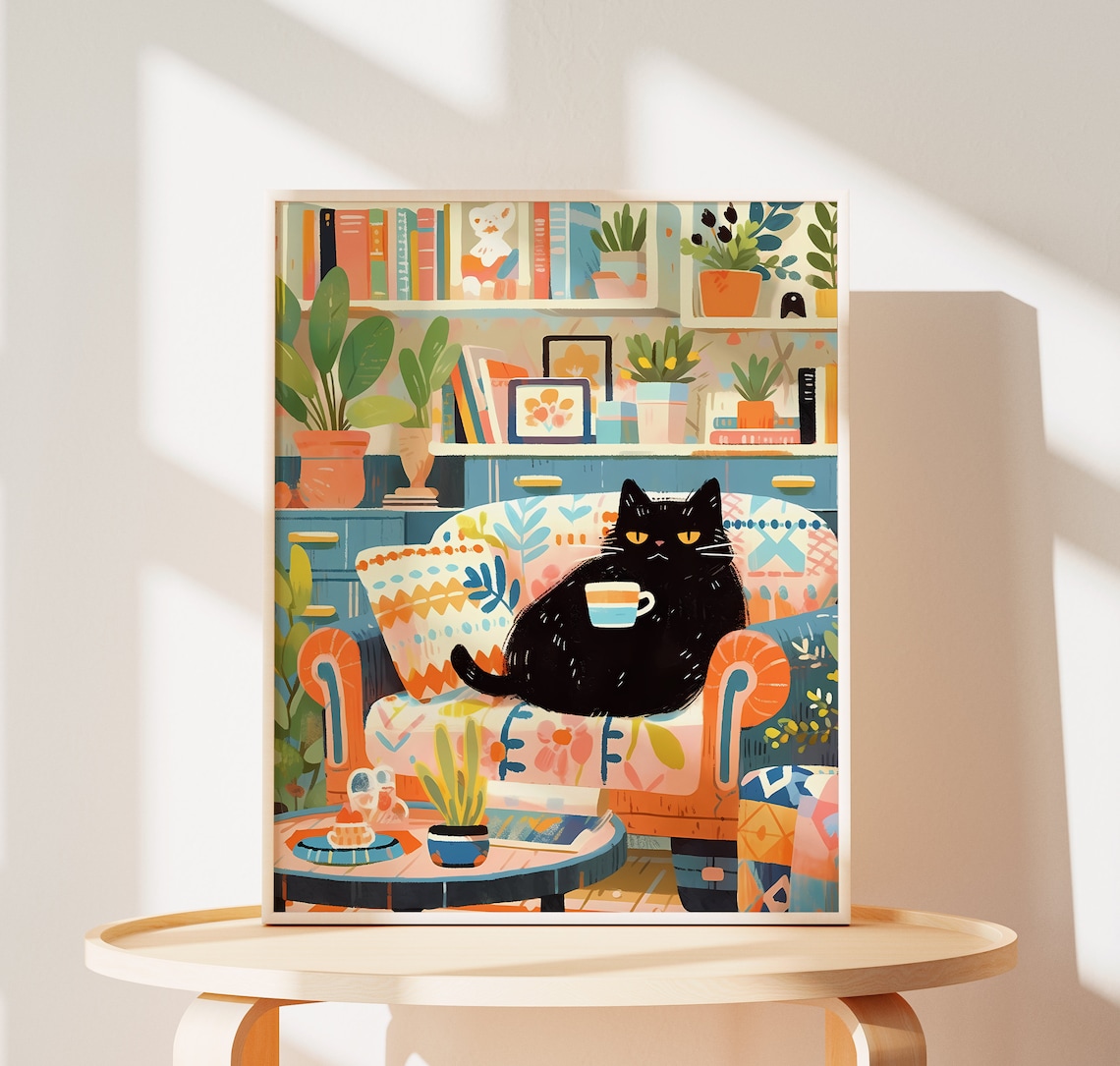 Black Cat Wall Art Print, Cat Mom Birthday Gift