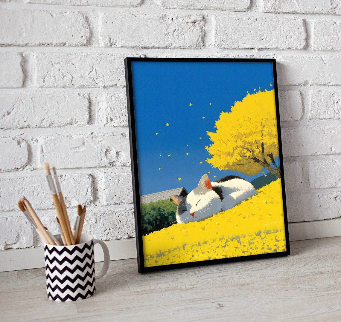 Sleeping Cat Napping in Golden Autumn Ginkgo Leaves Art Poster - Image 3