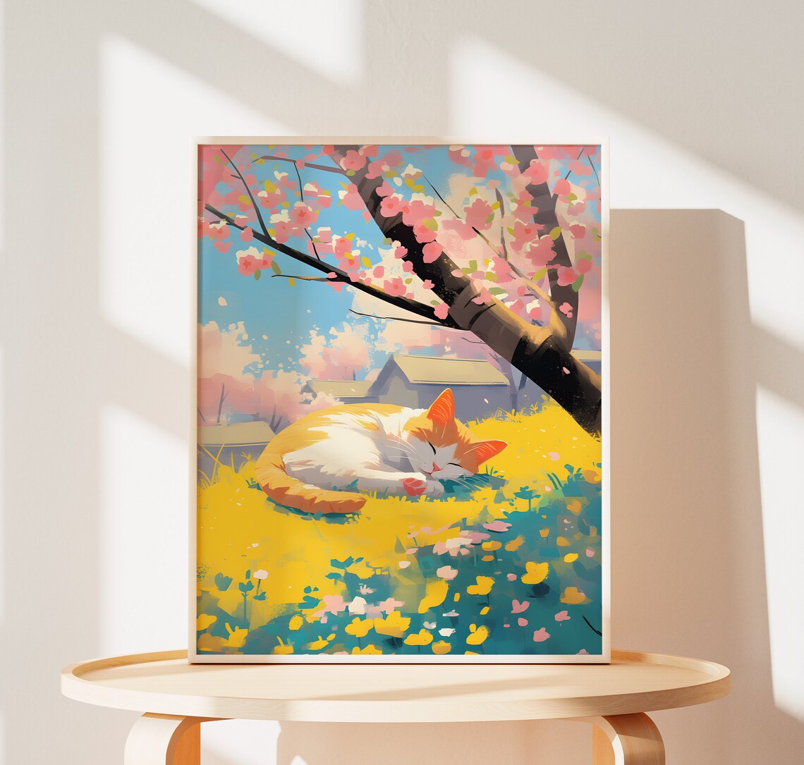 Cozy Tabby Cat and Cherry Blossom Wall Art Print