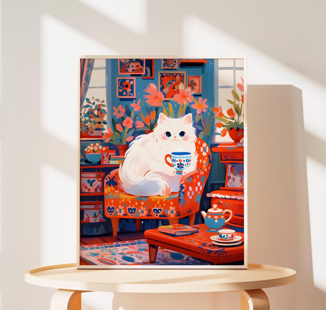 Fluffy White Cat with Teacup in a Bold Red Floral Room Poster