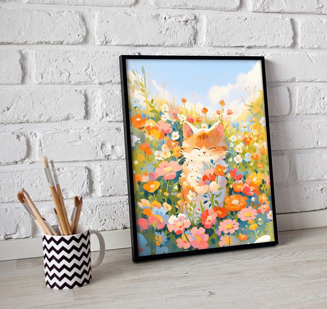 Happy Kitten Smiling in a Colorful Wildflower Meadow Art Poster - Image 3