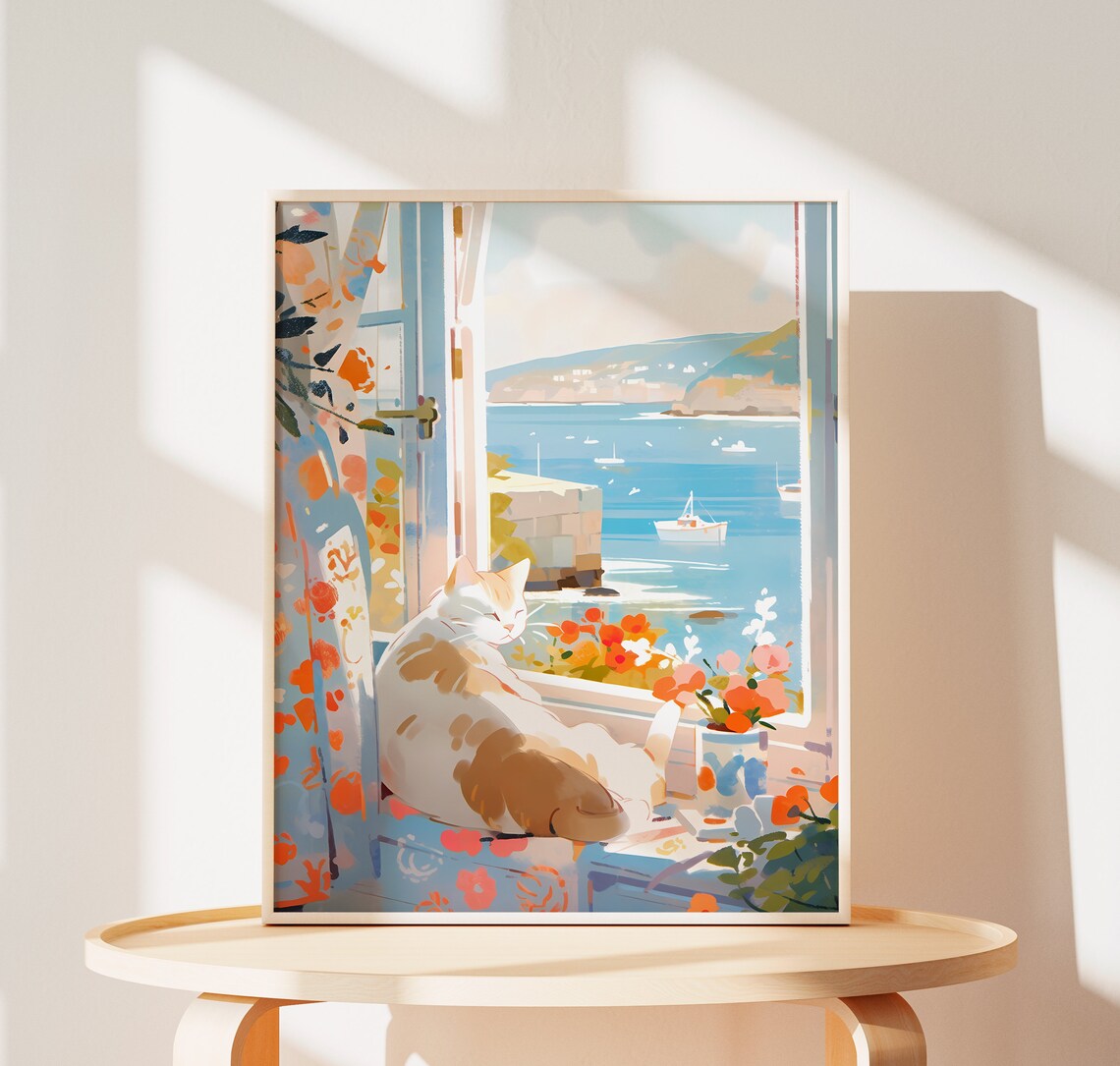 Cute Cat Print, Greece Seaside Cat Wall Art