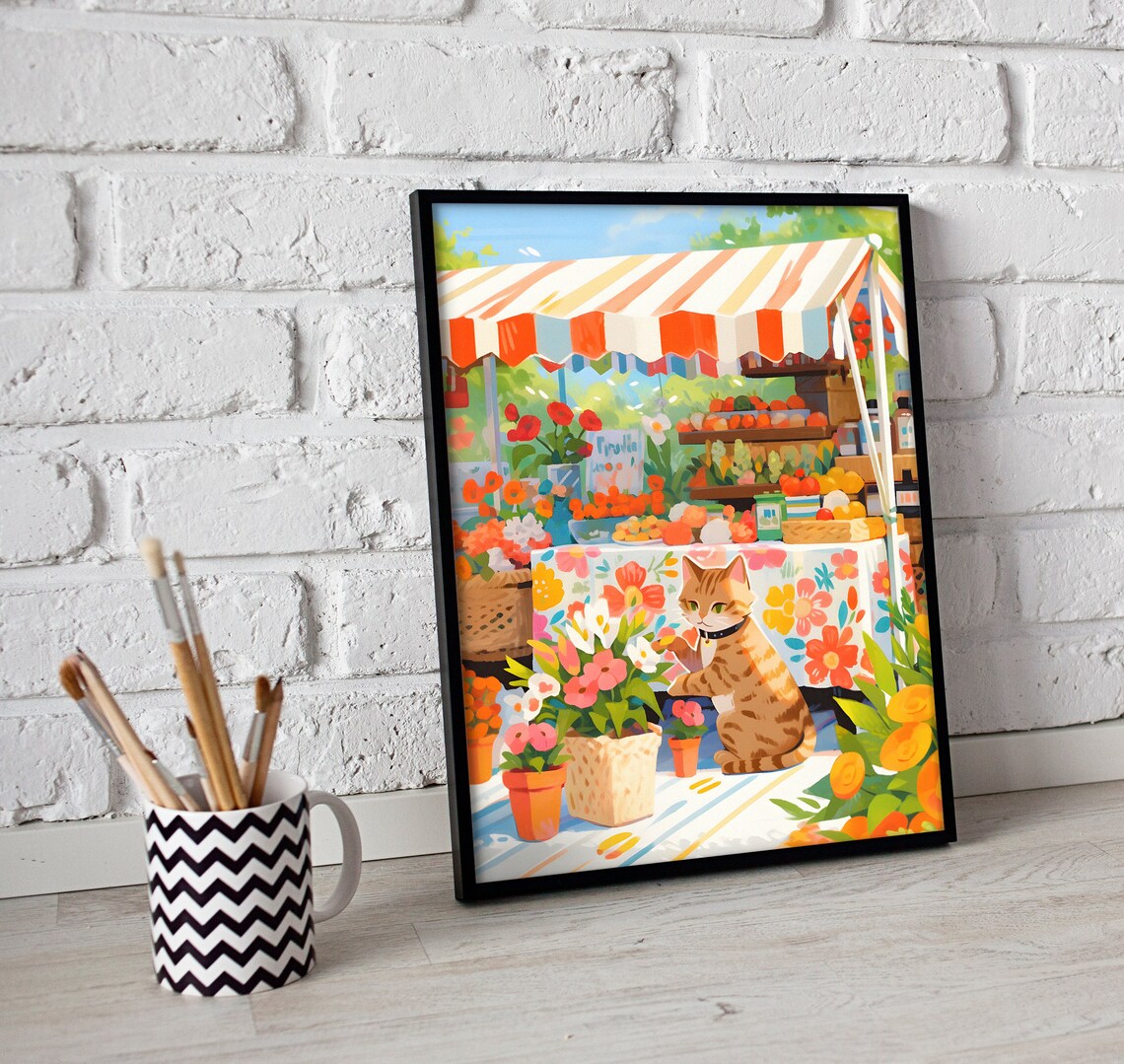 Tabby Cat at Farmers Market, Spring Floral Art Print - Image 3