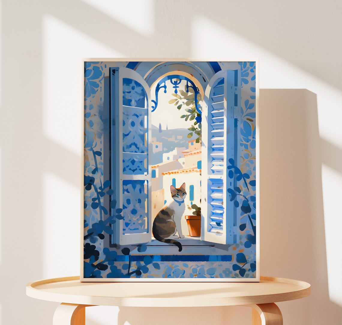 Cute Cat Print, Chefchaouen Morocco Travel Art Print