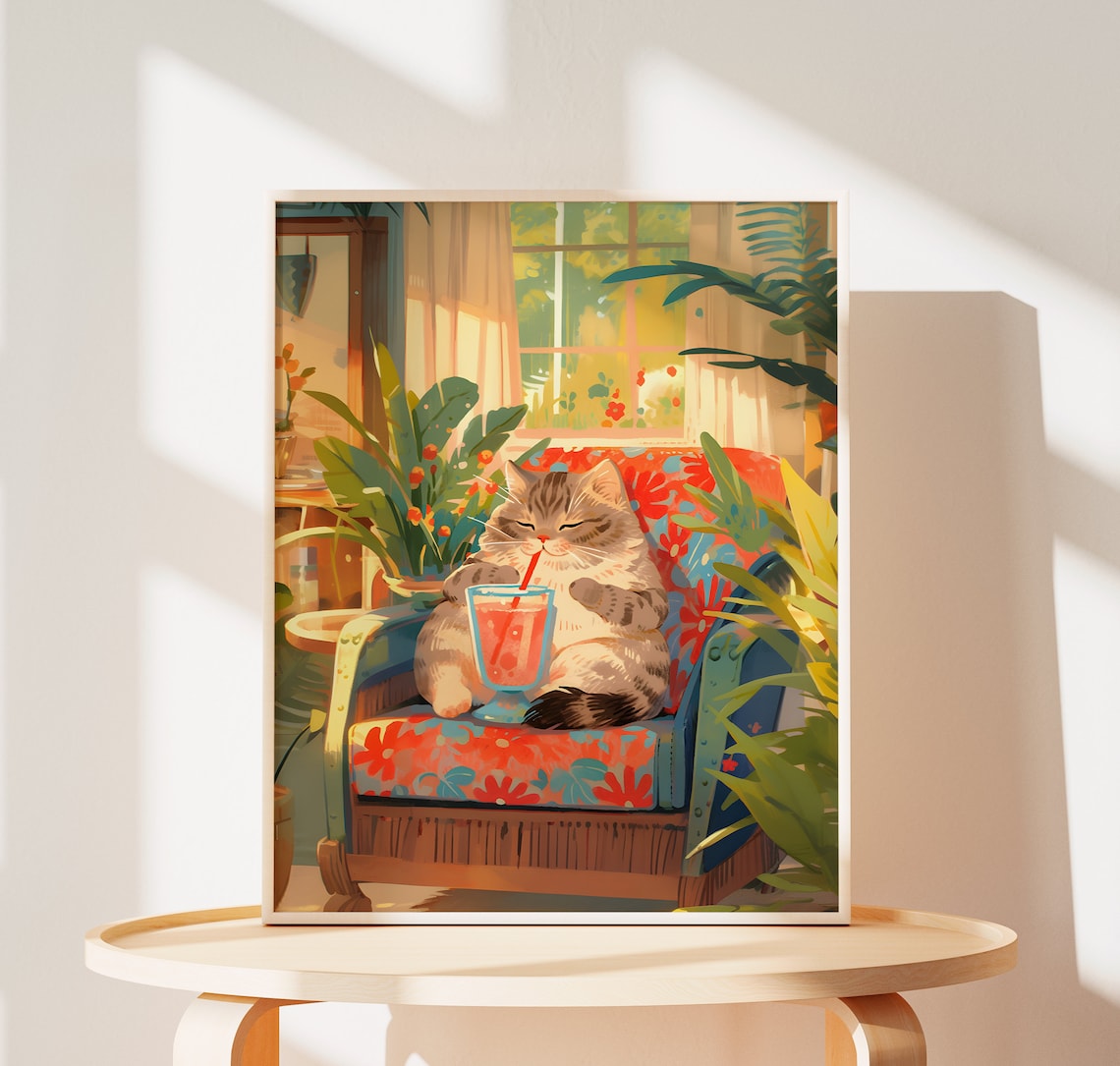 Lovely Blue Tabby Cat Art Print, Cocktail Cat Gift