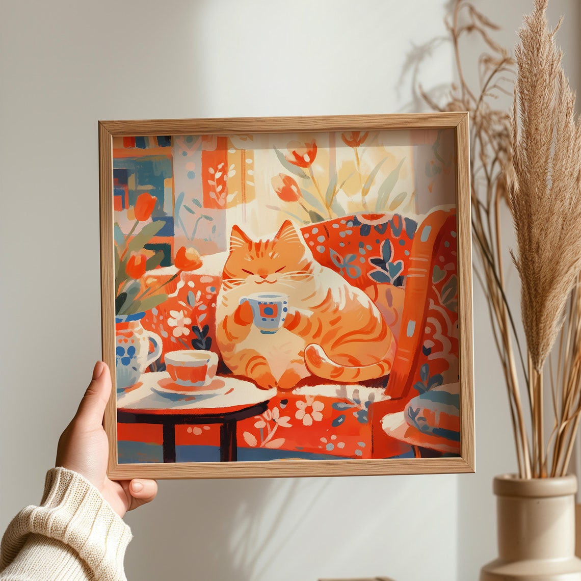 Sunny Orange Tabby Cat Sipping Coffee in Red Armchair Poster - Image 3