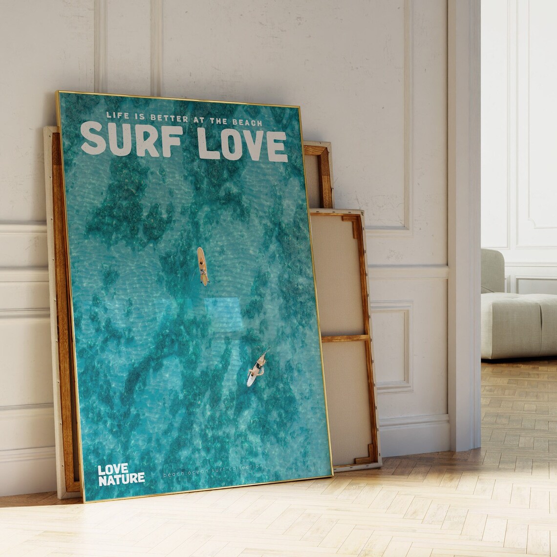 Surf Love Aerial Deep Teal Ocean Two Paddleboarders Surf Poster