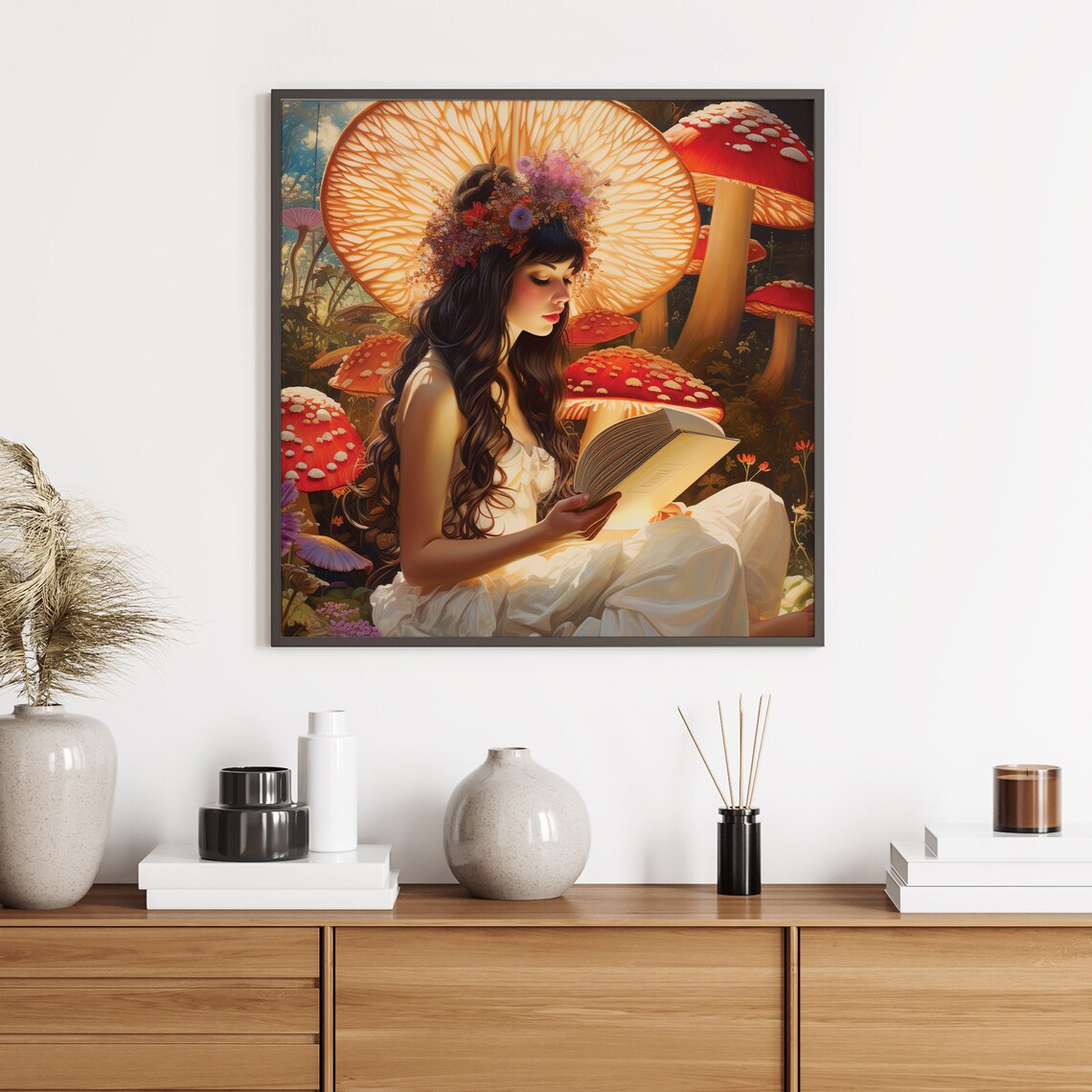 Woman Reading Book Among Giant Mushrooms Cottagecore Fantasy Poster - Image 5