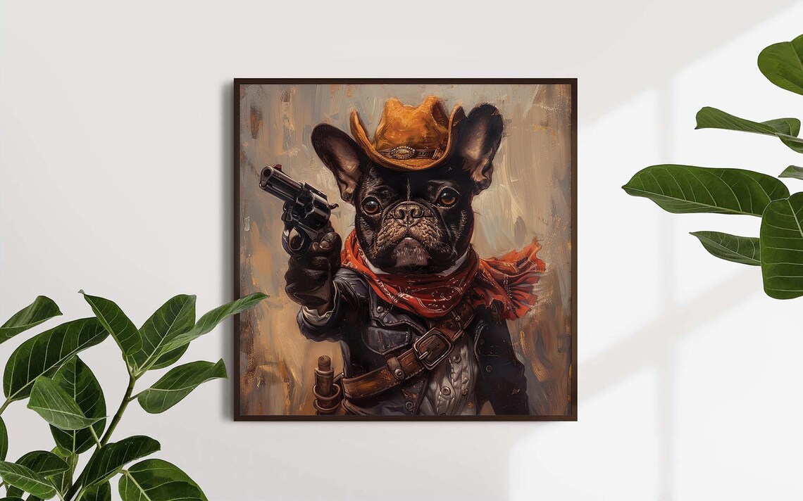 Cowboy French Bulldog Revolver Western Oil Painting Funny Dog Poster - Image 2