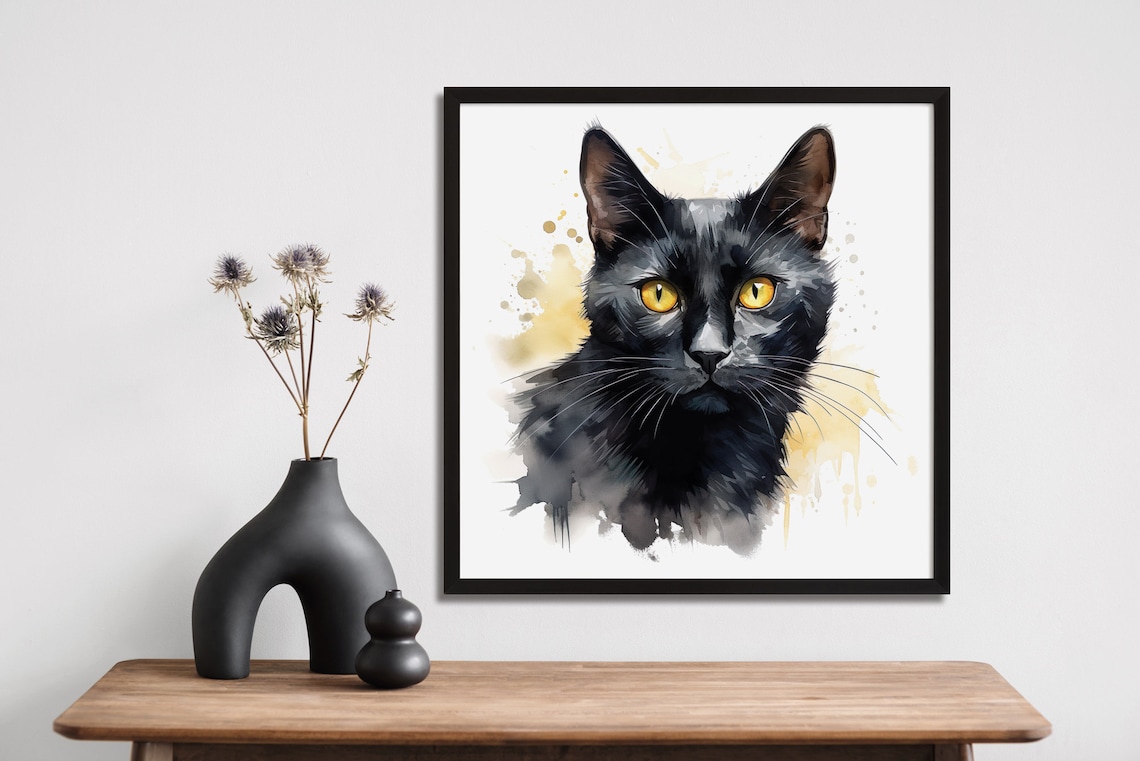 Black Cat Watercolor Portrait Golden Eyes Elegant Feline Art Poster - Image 3