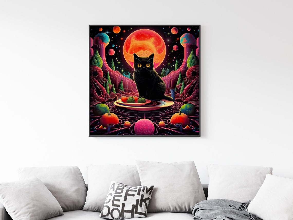 Black Cat Cosmic Planet Psychedelic Trippy Space Fantasy Art Poster - Image 2