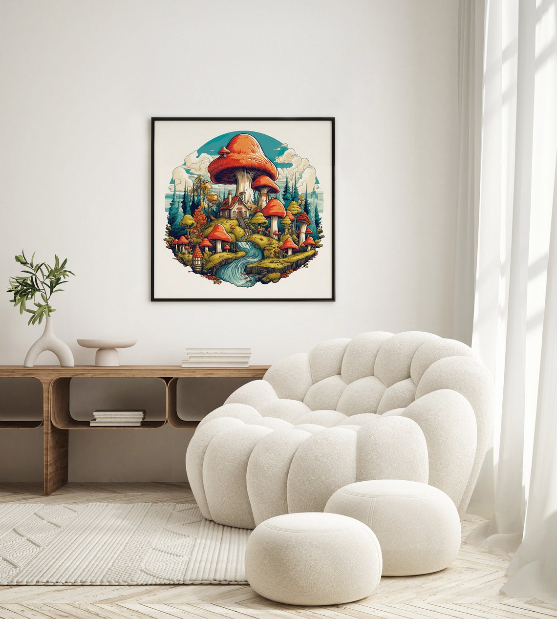 Mushroom Village Whimsical Red Caps Fantasy Forest House Poster - Image 3