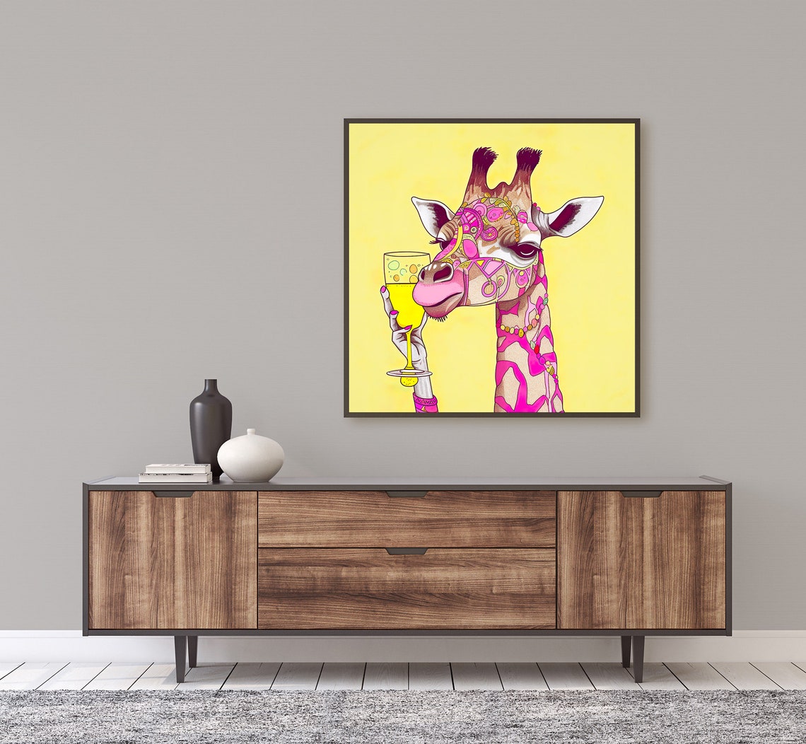 Pink Giraffe Drinking Wine Glass Pop Art Funny Animal Poster - Image 3