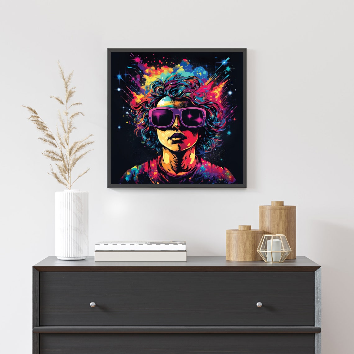 Neon Pop Art Woman Sunglasses Cosmic Starburst Style Portrait Print - Image 5