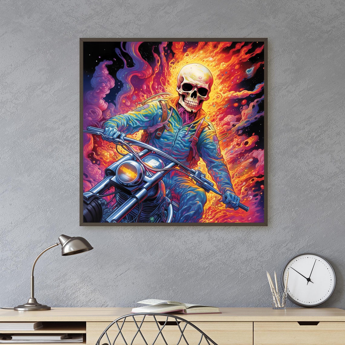 Flaming Skeleton Biker Psychedelic Fire Neon Rider Art Print - Image 3