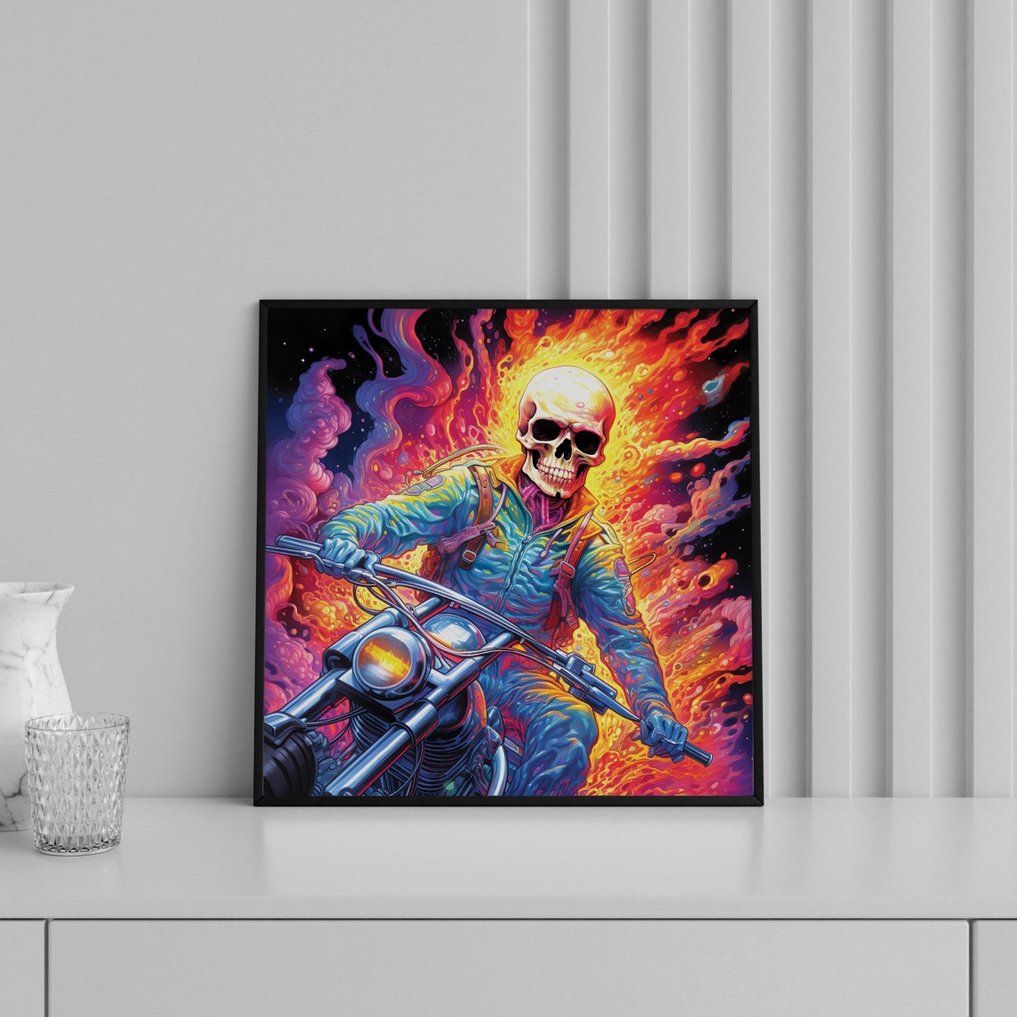 Flaming Skeleton Biker Psychedelic Fire Neon Rider Art Print - Image 5