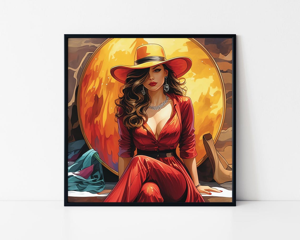 Illustration Of Gorgeous Woman In Red Posing Framed Poster Woman In Red Dress And Big Hat Woman In Red Wall Art Wall Hanging Illustration