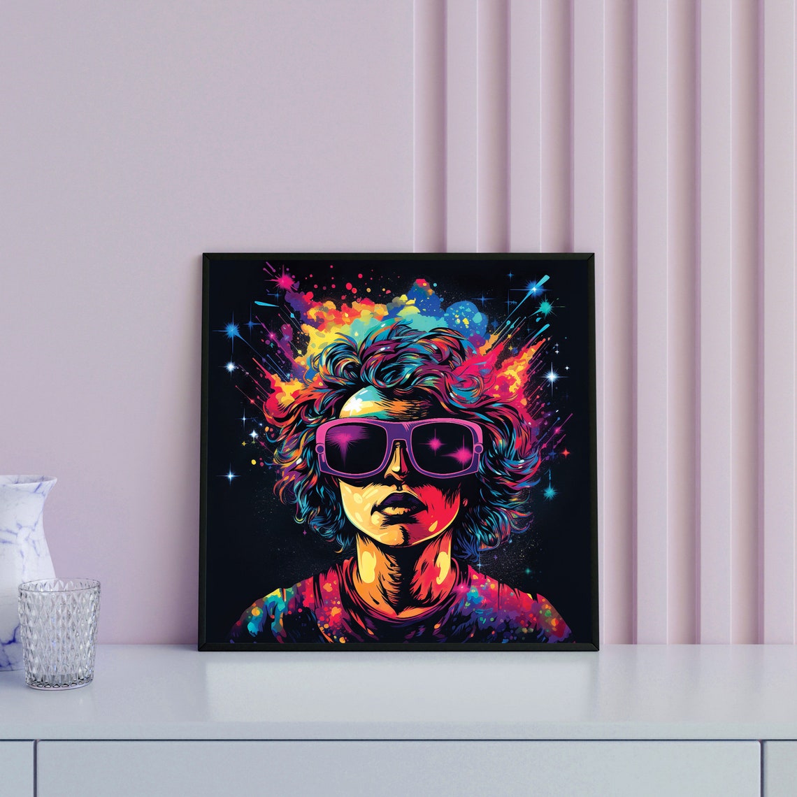 Neon Pop Art Woman Sunglasses Cosmic Starburst Style Portrait Print - Image 2