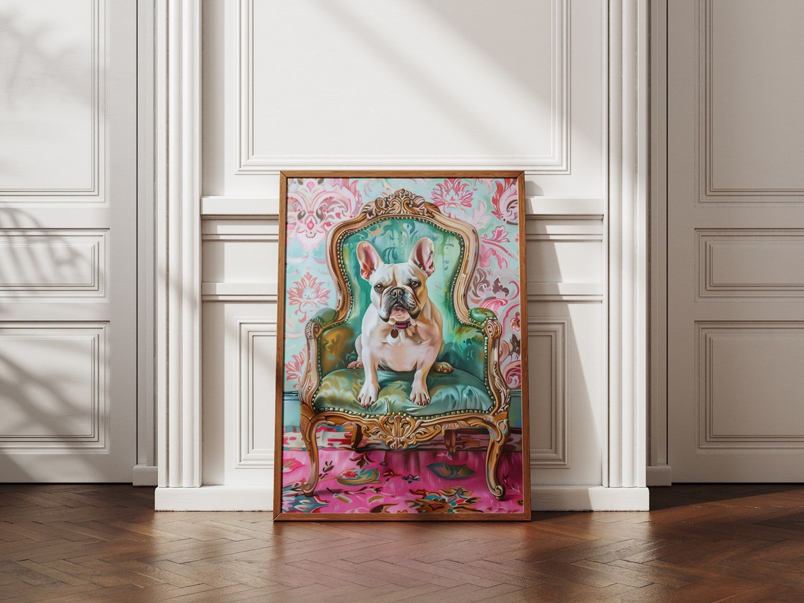 Elegant French Bulldog Sitting On An Antique Chair In Oil Painting Style Framed Poster Bulldog Portrait Dog Wall Art Wall Hanging - Image 5