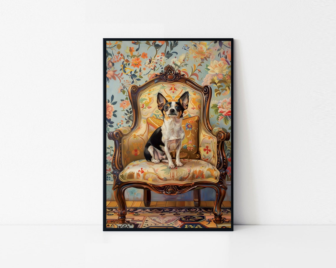 Chihuahua Throne Chair Floral Vintage Elegant Dog Portrait Poster