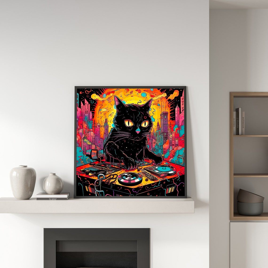 Black Cat DJ Turntables Psychedelic City Neon Music Party Poster - Image 5