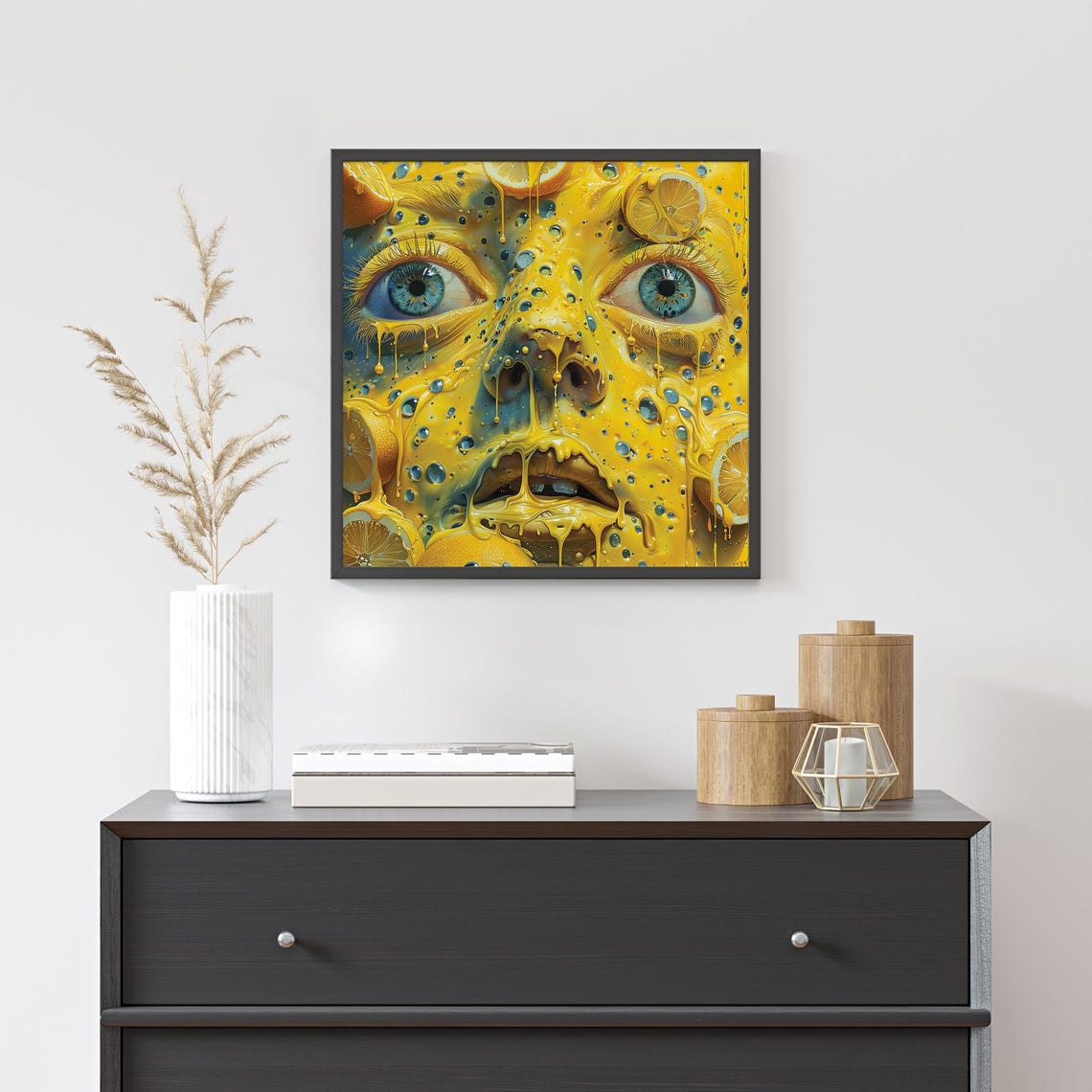 Surreal Face Covered In Dripping Lemons Yellow Citrus Art Poster - Image 2