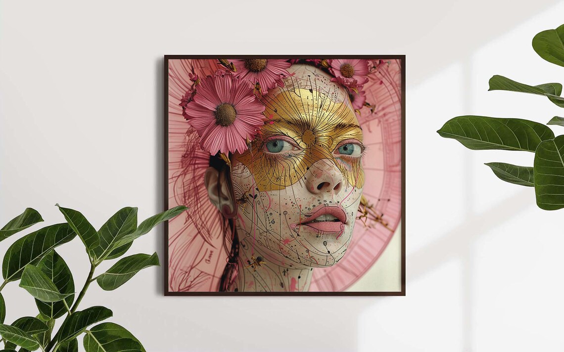 Golden Line Face Mask Pink Flowers Avant Garde Woman Art Poster - Image 5