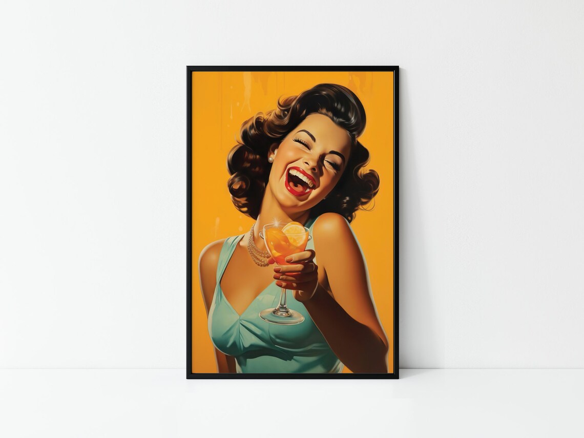 Vintage Pin Up Woman Laughing Cocktail Retro Bar Decor Poster
