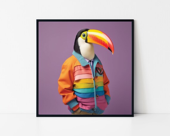Toucan Wearing A Multi Colored Suit Framed Poster Toucan Colored Outfit Wall Art Toucan Portrait Poster Cute Toucan Animal Poster