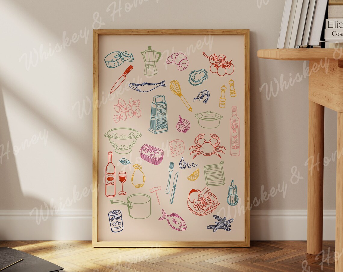 Italian Kitchen Icons Collage Colorful Tasty Food Line Art Poster