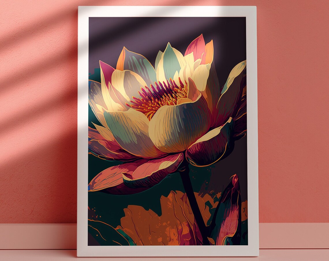 White Lotus Flower Print, Boho Gauguin-Inspired Art