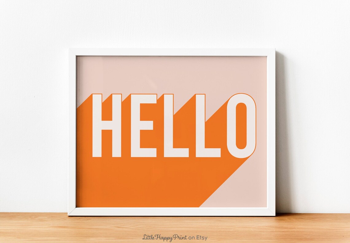 Hello Print Orange Blush Pink Word Retro Funky Modern Whimsical Cute Typography Entryway Home Decor Wall Art Instant Download
