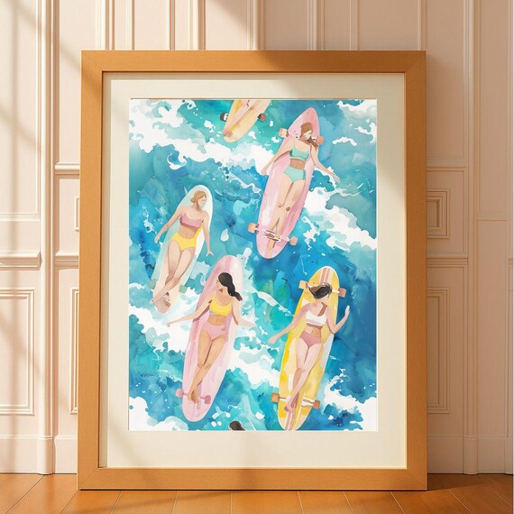 Aerial Surfer Girls Watercolor Ocean Waves Coastal Decor Poster