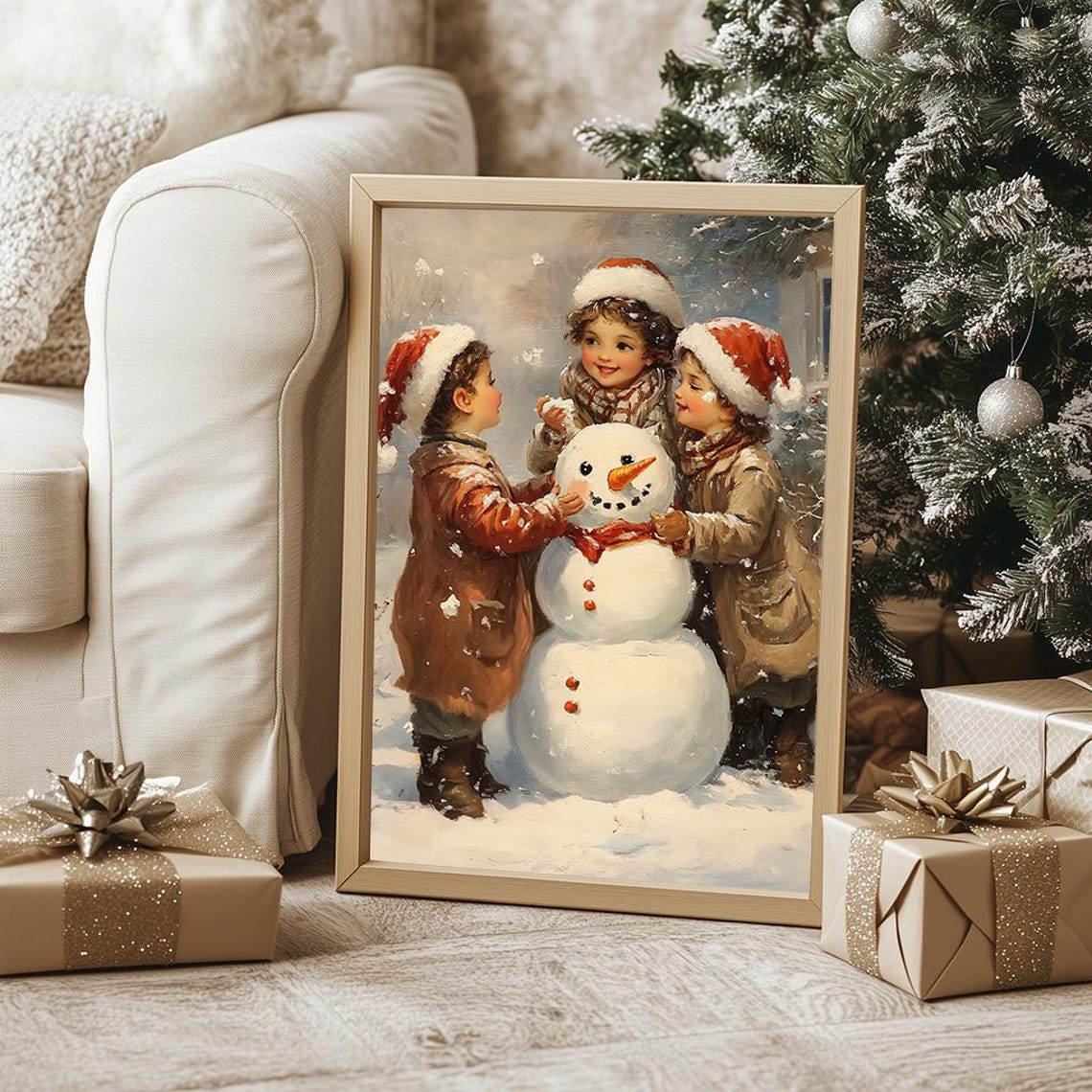 Children Building A Snowman In Vintage Christmas Painting Poster - Image 4