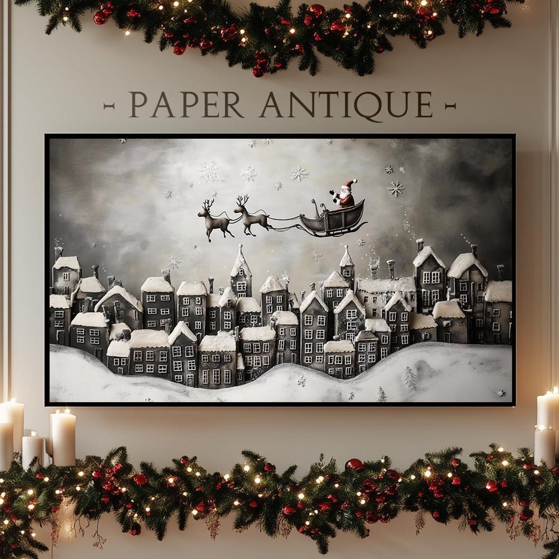 Santa Sleigh Flying Over Snowy Village Whimsical Night Art Poster