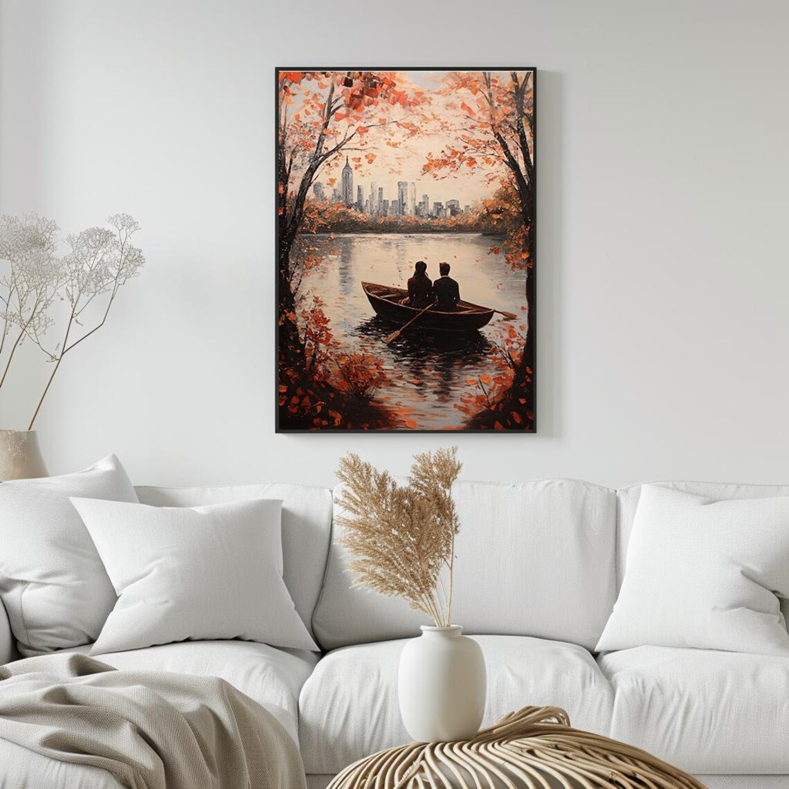 Couple Rowing Boat Autumn Lake City Skyline Romantic Painting Poster - Image 5