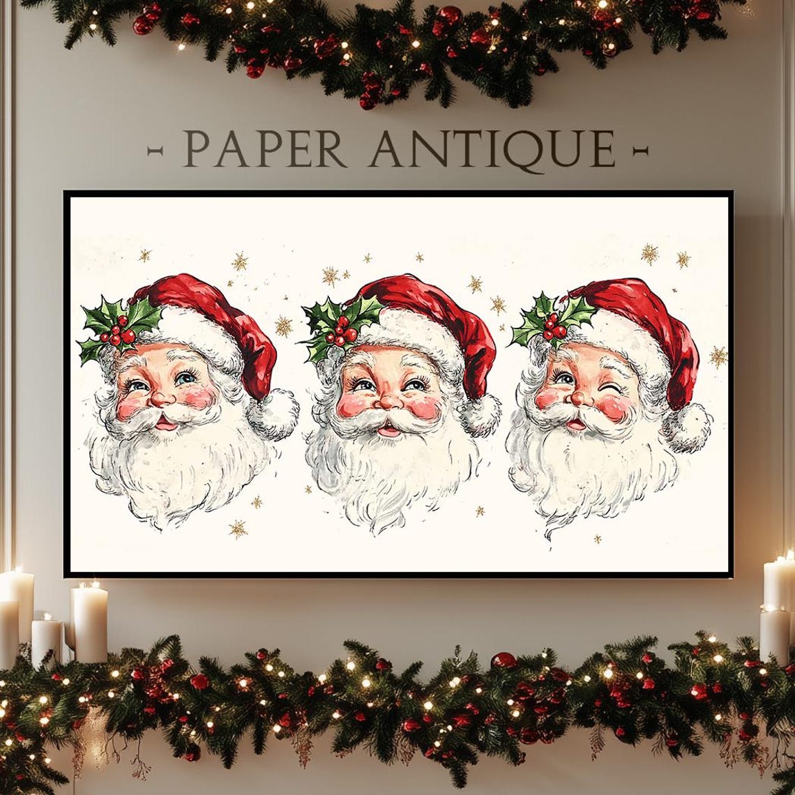 Vintage Santa Trio With Holly And Snowflakes Festive Christmas Poster