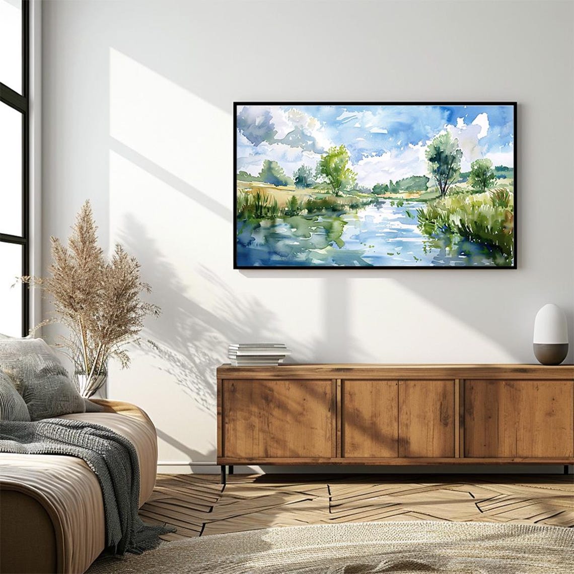 Bright Sunlit River with Lush Green Banks Watercolor Spring Poster - Image 4