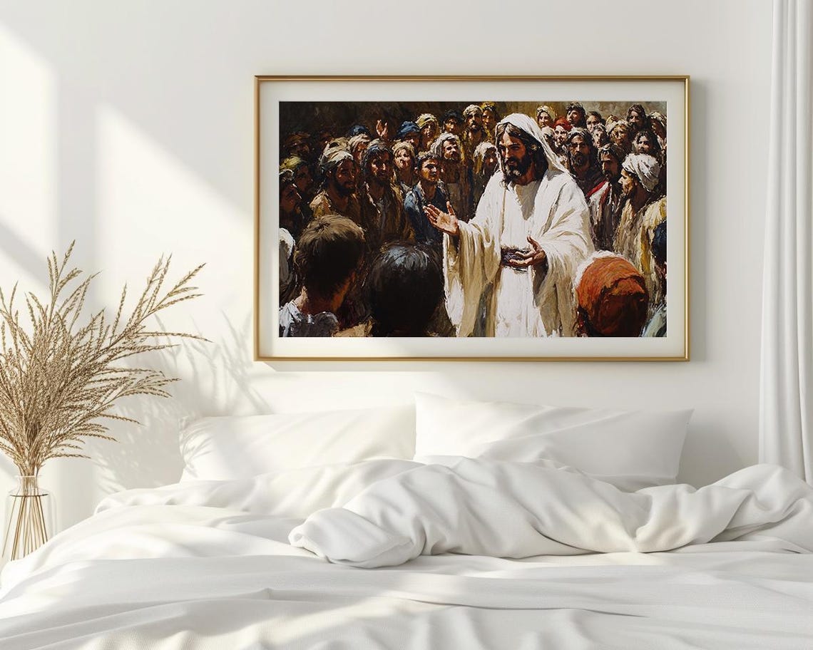 Jesus Christ Sermon to the Crowd Painterly Biblical Scene Poster - Image 2