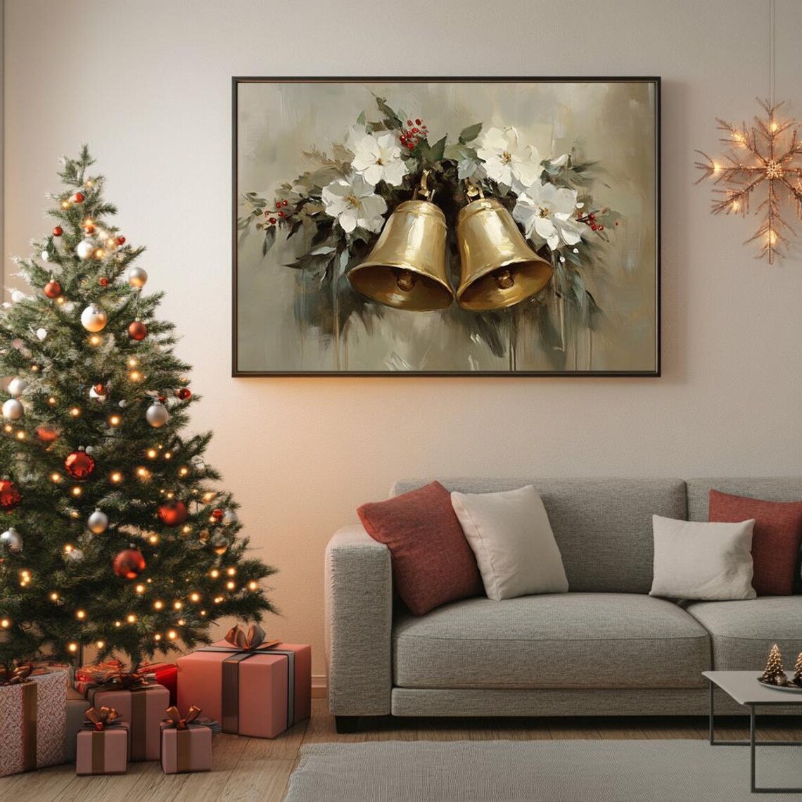 Golden Christmas Bells With White Flowers Vintage Oil Painting Poster - Image 5
