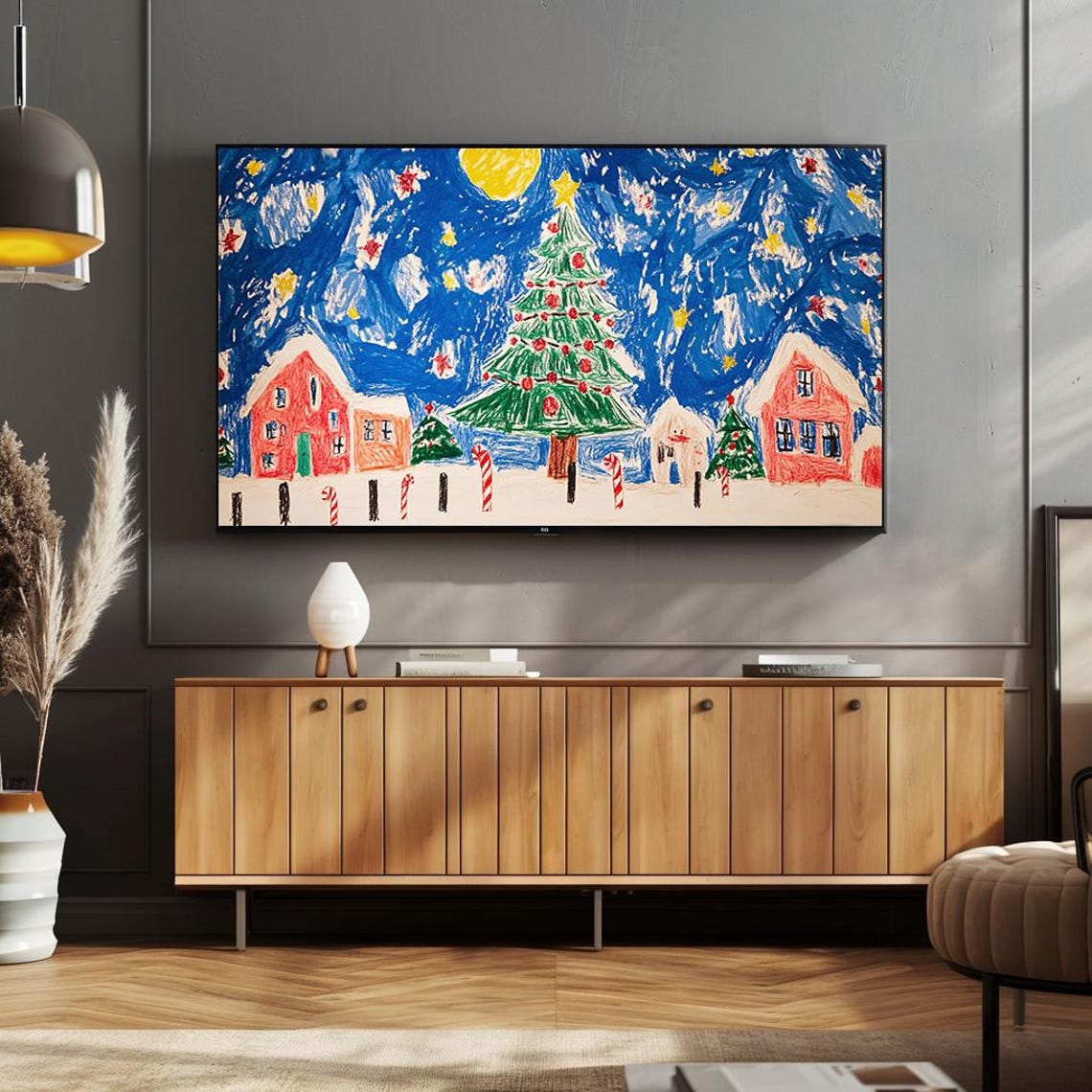 Colorful Christmas Village Drawing Kids Art Winter Scene Poster - Image 4