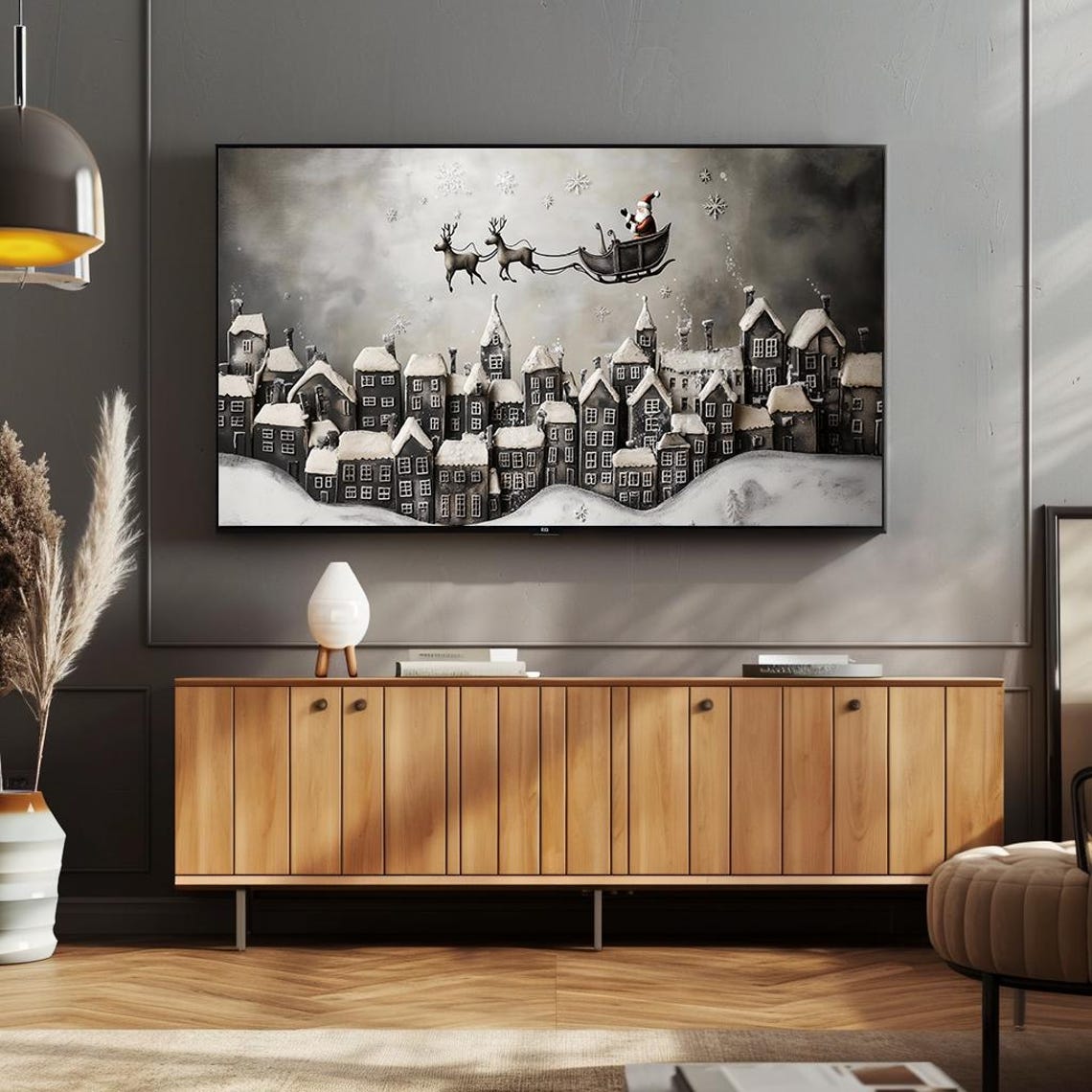 Santa Sleigh Flying Over Snowy Village Whimsical Night Art Poster - Image 4