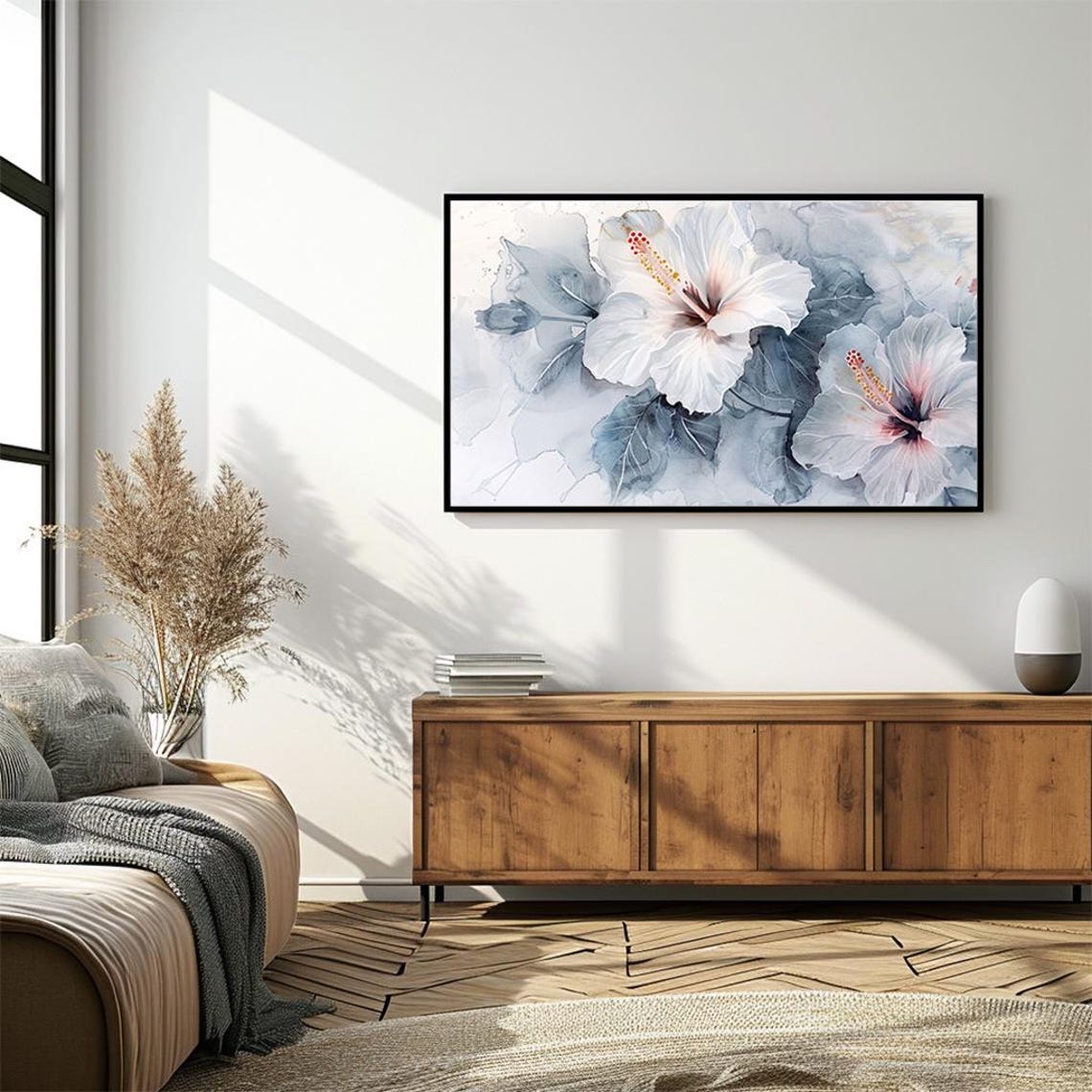 White Hibiscus Ink Wash Painting Blue Grey Floral Art Poster - Image 4
