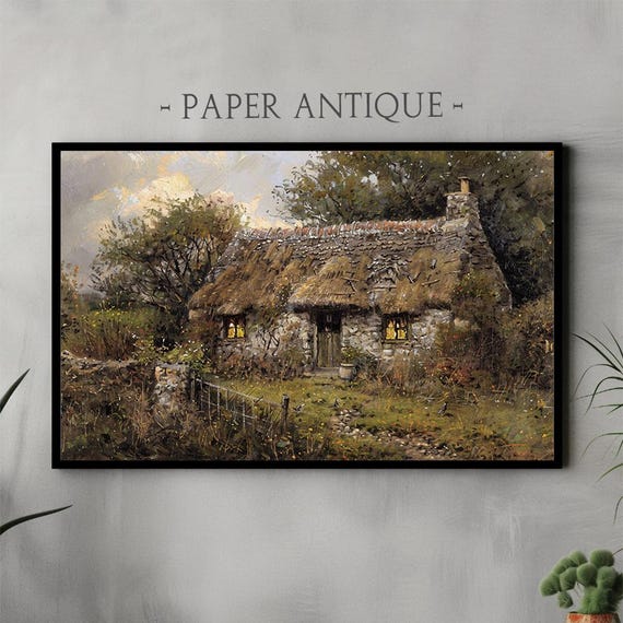 Frame Tv Art Rustic Cottage Painting Country Farmhouse Landscape With Thatched Roof And Trees Vintage Style For Frame Tv