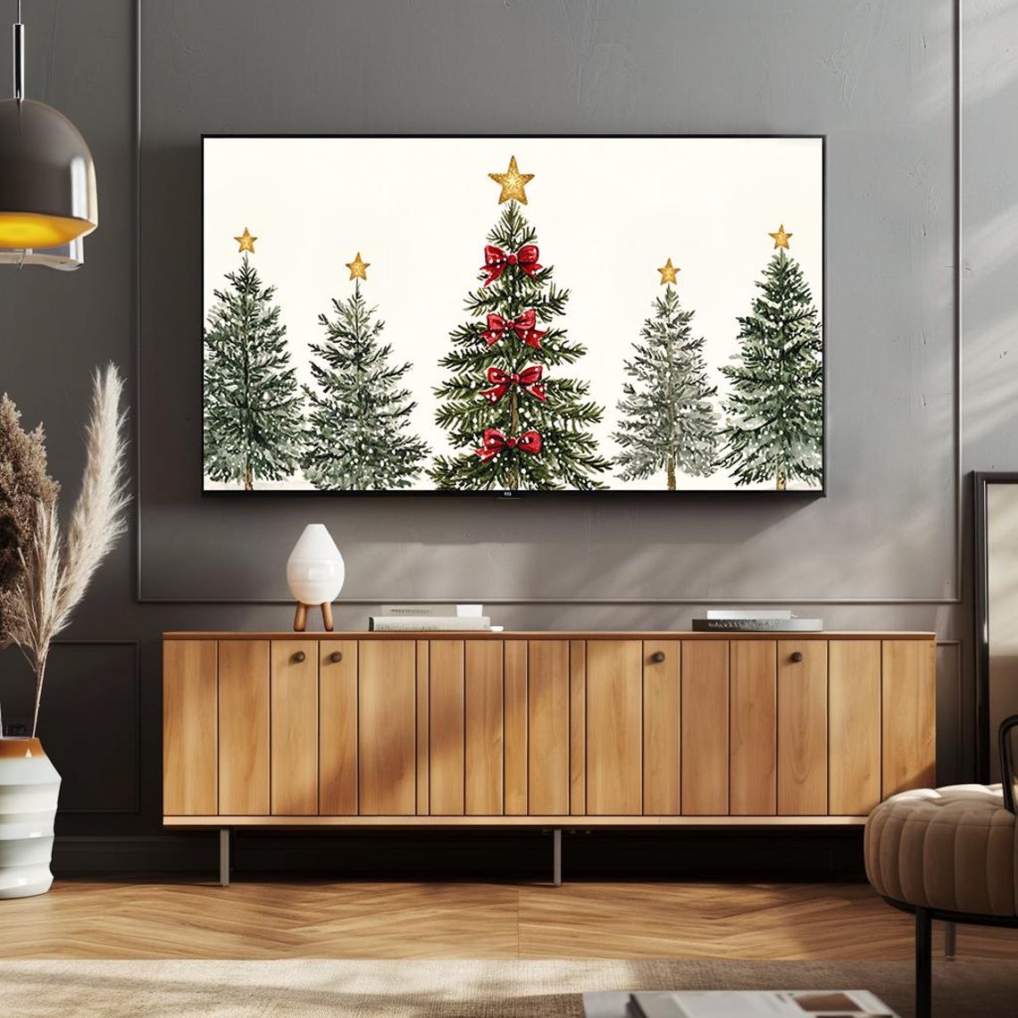 Delicate Watercolor Christmas Trees With Red Bows Festive Poster - Image 3