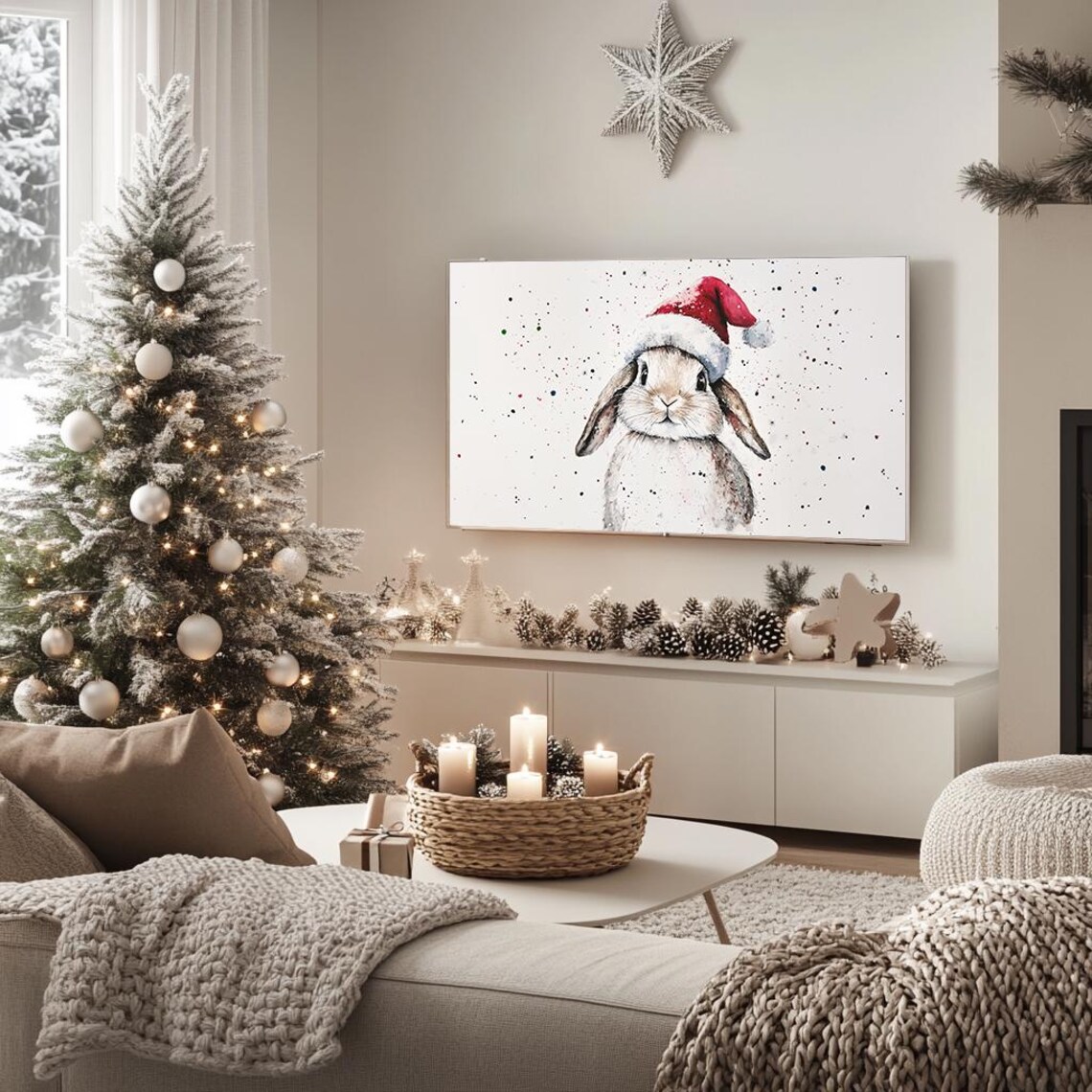 Festive Bunny in Santa Hat Playful Watercolor Christmas Poster - Image 5