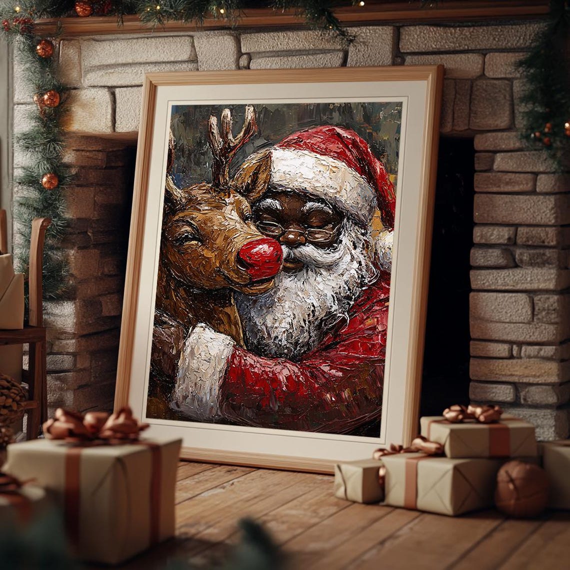 Black Santa Hugging Reindeer Textured Impasto Christmas Poster - Image 2