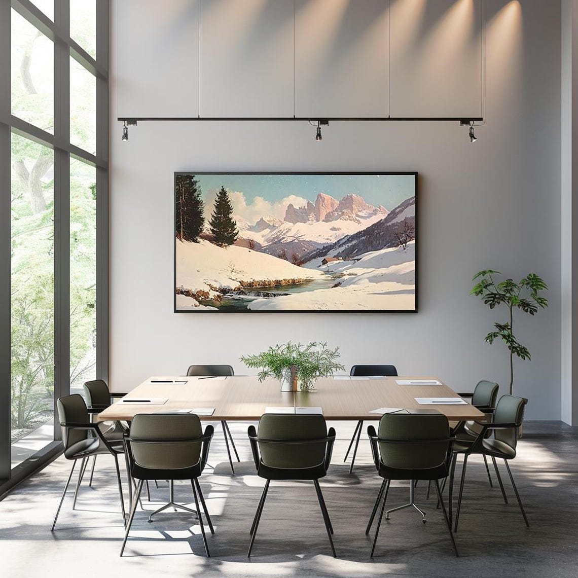 Snowy Alpine Valley Mountain Stream Winter Landscape Art Poster - Image 2