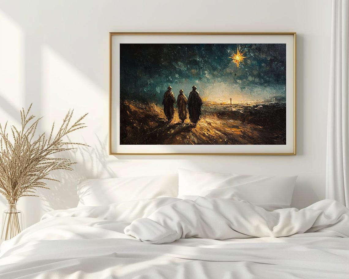 Three Wise Men Following the Star Nativity Night Sky Painting Poster - Image 2